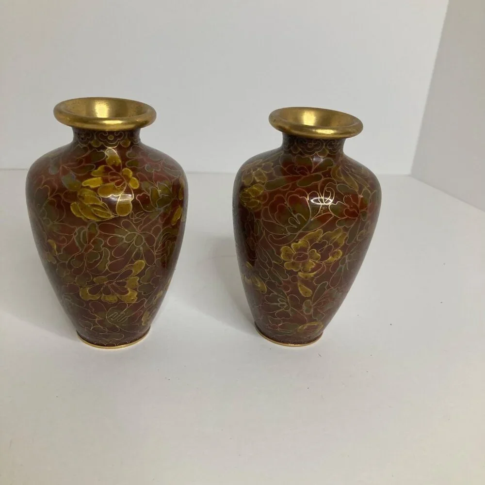 2 Vintage Floral Cloisonne Vases Brown‎ Red Black Gold 4